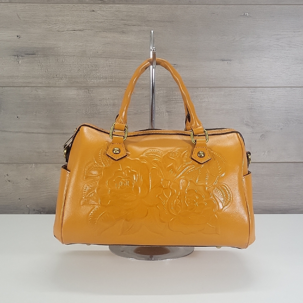 Patricia Nash Rose Sun Yellow Tooled Satchel Shoulder Bag Purse Tote
